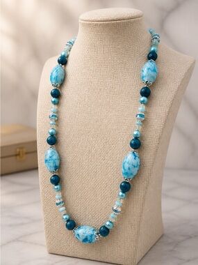 Artisan Murano Style Glass Larimar Apatite Opal Pearl Necklace 22” Ocean Blue
